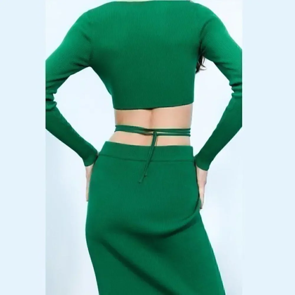 Zara NWT Green Knit Wrap Tie Waist Long Sleeve Crop Top L